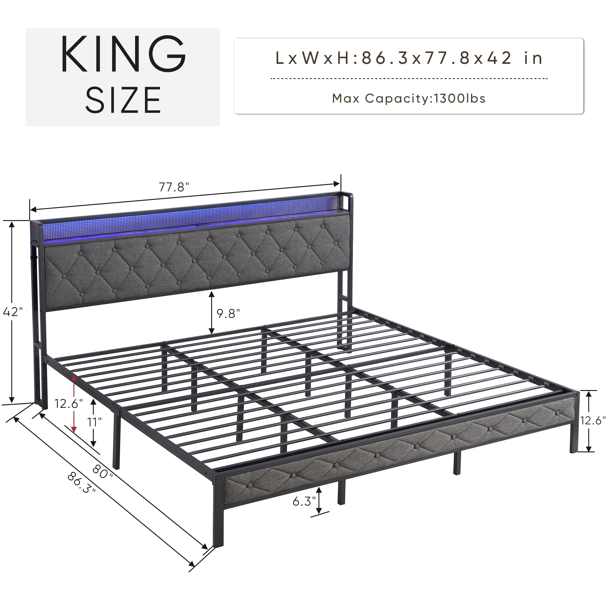 Miniyam King Size Upholstered Platform Bed Frame with 3 USB Ports & LED Lights for Adult, Light Gray