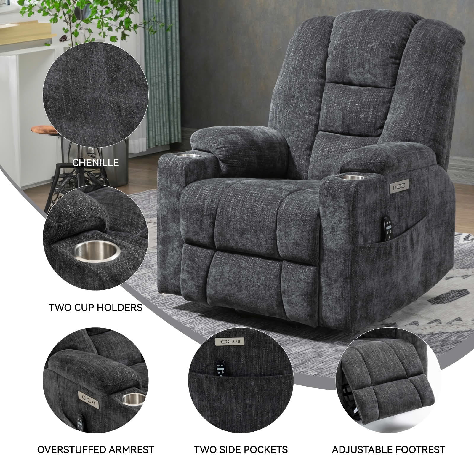 MAYEERTY Dark Grey Chenille 350lbs Power Lift Recliner, Massage Heat USB-C 34"x39"x42" Wide Overstuffed for Elderly