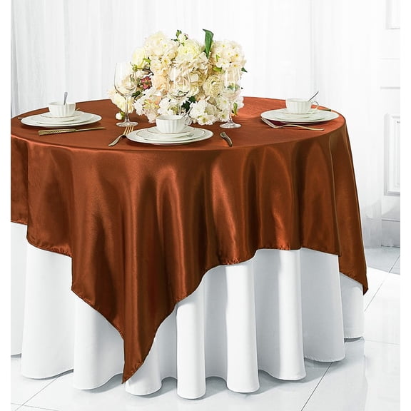 Wedding Linens Inc. 85 inch Square Satin Table Overlay Toppers - Cognac