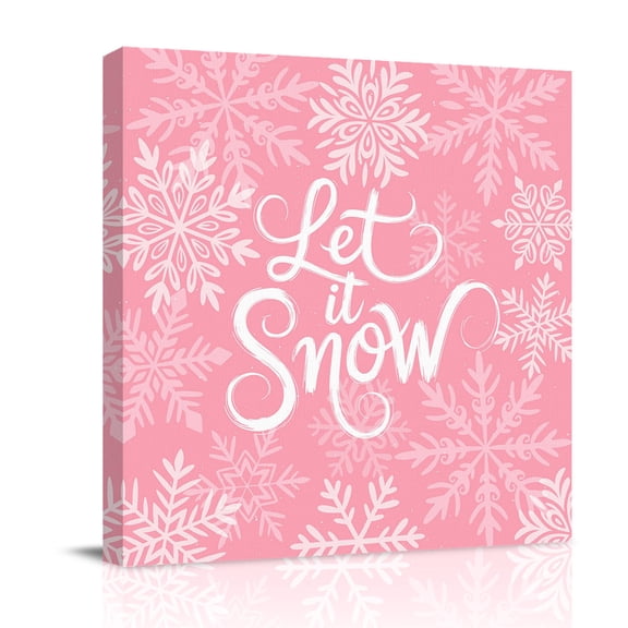 Canvas Wall Art, Pink Christmas Framed Canvas Prints for Bedroom Office, Winter Xmas White Snowflakes Texture Large Gallery Wrapped Wall Decor for Home Office, Gifts, 16"x16" Ship Next Day
