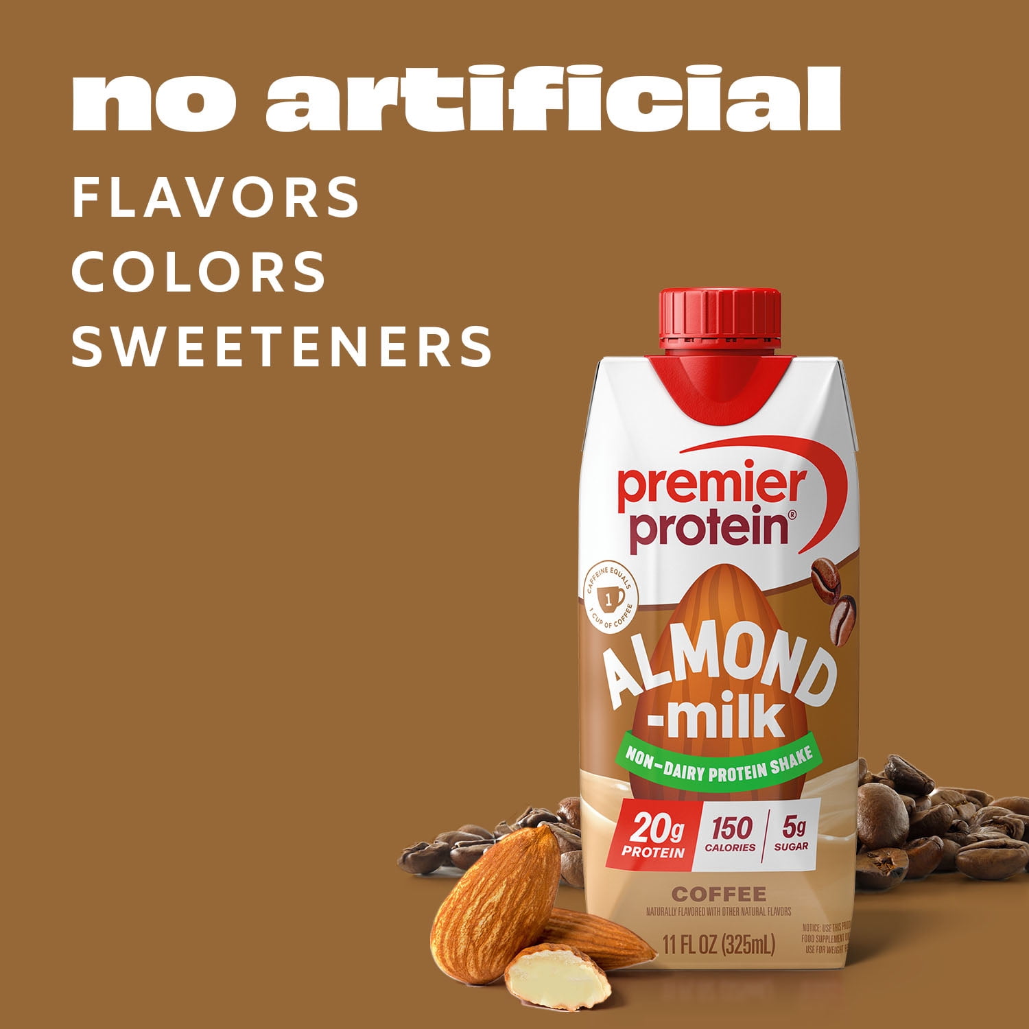 Premier Protein Almondmilk Non-Dairy Protein Shake, 20g Protein, 5g Sugar, 11 Fl oz, Coffee, 4 Count