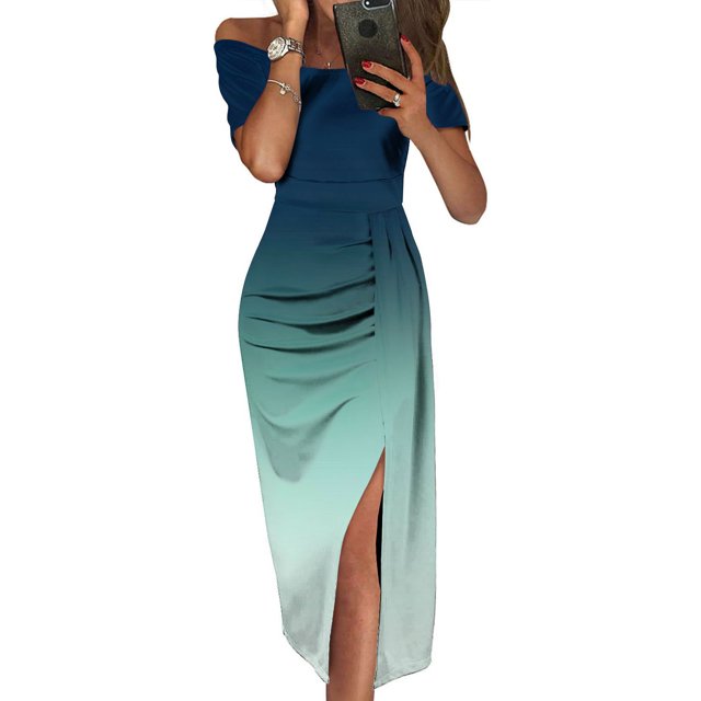 ICHUANYI Clearance Women Sexy Printed Hip Wrap Split Sleeveless Off Shoulder Short Sleeve Dresses(Green, XL) ICHUANYI WER2023080816564