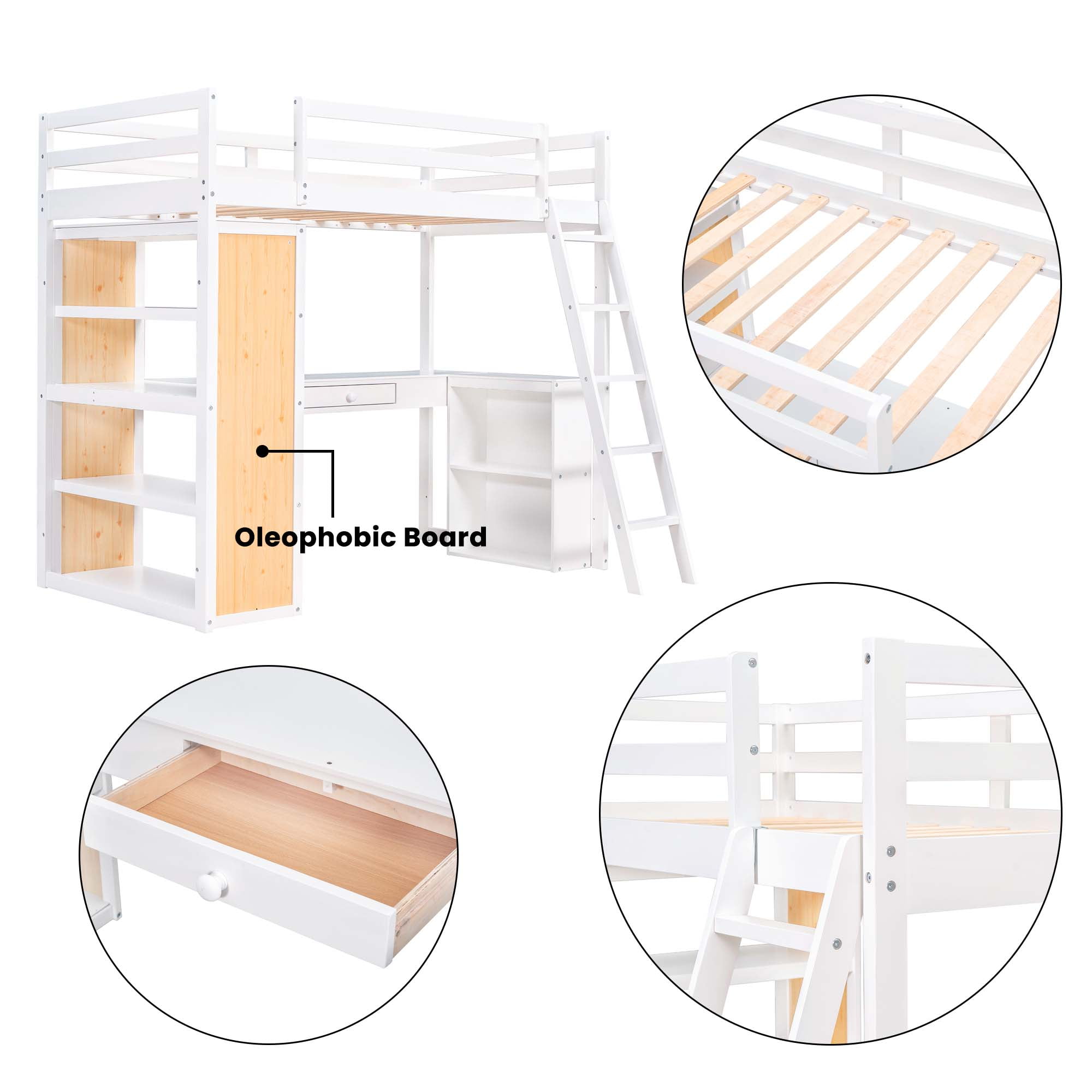 Aukfa Twin Loft Bed with Desk and Storage Shelves, Wood Loft Bed with Drawer for Kids, Teens - White
