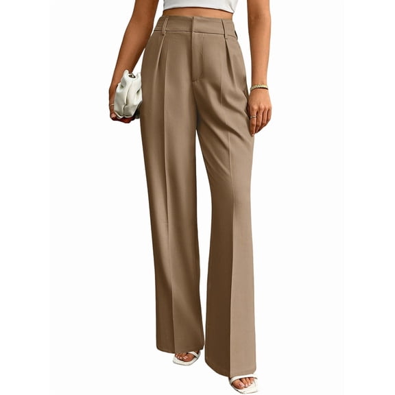 Women Wide Leg Pants High Waisted Business Casual Work Trousers Dressy Pants with Pockets Khaki S