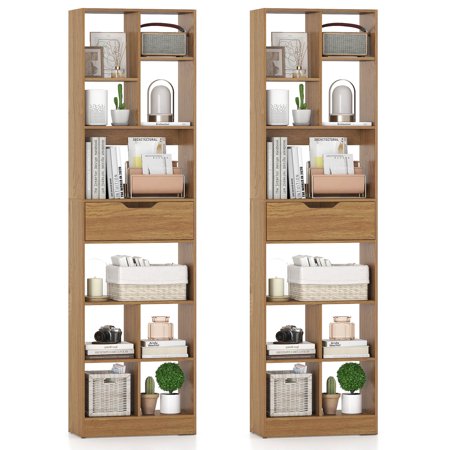Costway 2 PCS 71” Bookcase with Drawer 10 Open Cubes Anti-toppling Kits for Living Room Natural