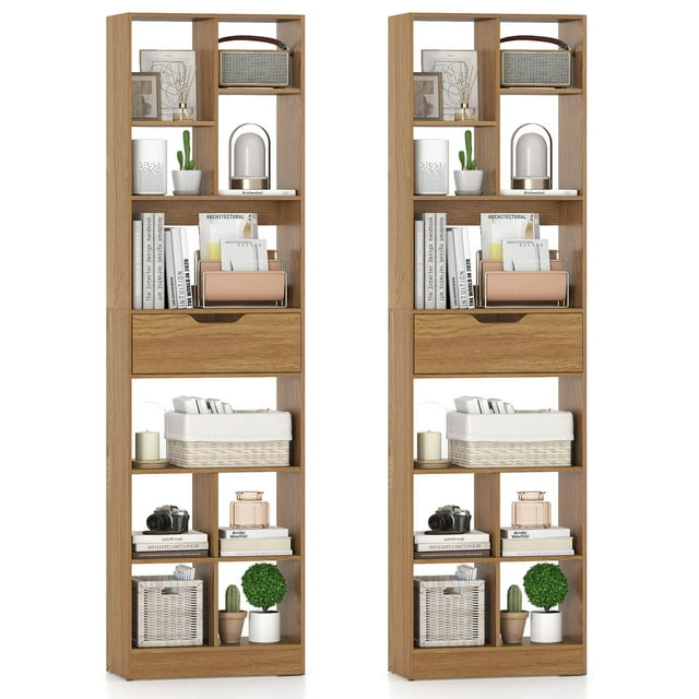 Costway 2 PCS 71" Bookcase with Drawer 10 Open Cubes Anti-toppling Kits for Living Room Natural