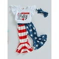 thumbnail image 4 of Hirigin Toddler Baby Girl Happy 4th of July Clothes Outfit 6 9 12 18 24 Months Flying Sleeve Romper Star Stripe Flare Pants Headband Set, 4 of 8