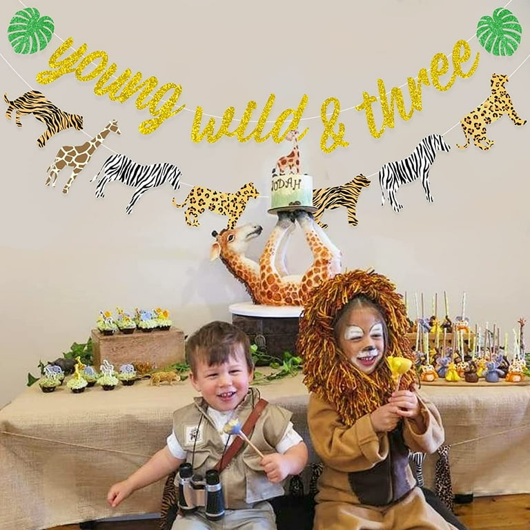 Jungle 3rd Birthday Decorations Young Wild and Three Banner Glitter Safari Animal Print Bunting Garland for Boys or Girls Wild Three Birthday