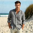 thumbnail image 5 of Mens Linen Shirt Long Sleeve Button Down Casual Loose Fit Breathable Summer Top Solid Color Lightweight Beach Vacation Wear for Men Gray M, 5 of 8