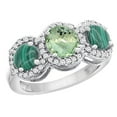 thumbnail image 1 of 14K White Gold Natural Green Amethyst & Malachite Sides Round 3-stone Ring Diamond Accents, size 6.5, 1 of 2