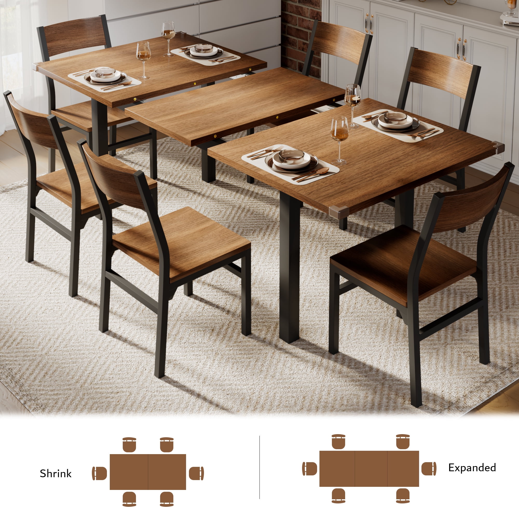 Virans 7-Piece Dining Table & Chairs Set for 4-6, 63" Extendable Kitchen Table with 6 Chairs, Dining Room Table with Metal Frame & MDF Board, Perfect for Small Space, Easy Assembly,Walnut