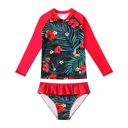 

B91xZ Girl Tankini Swimwear Kids Girls Hawaii Ruffles Long Sleeve Zip Up Rash Guard Swimsuit Two Pieces Bikini Set Summer Long Red Sizes 8-9 Years