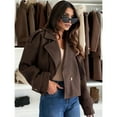 thumbnail image 4 of Women Crop Double Breasted Pea Coat Work Office Cropped Jacket with Pockets Dark Brown XL, 4 of 8