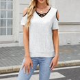 thumbnail image 4 of Sequin Tops for Women Summer Cold Shoulder Short Sleeve Blouses Cross V Neck Color Block Dressy Casual Shirts (2XL, White), 4 of 7