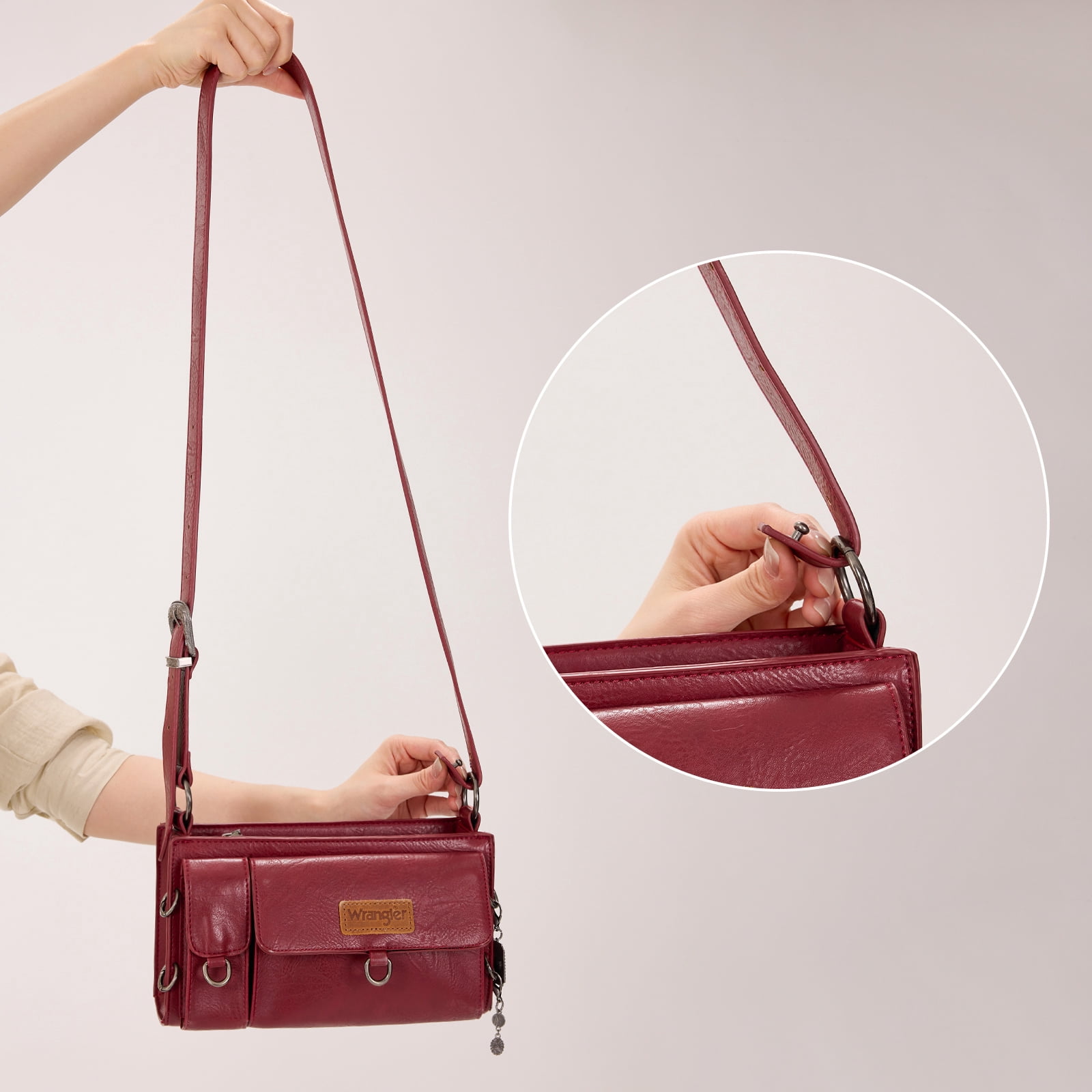 Wrangler Y2K Purse Small Shoulder Bag for Women Stylish Western Design with Detachable Charms Multiple Pockets, Burgundy