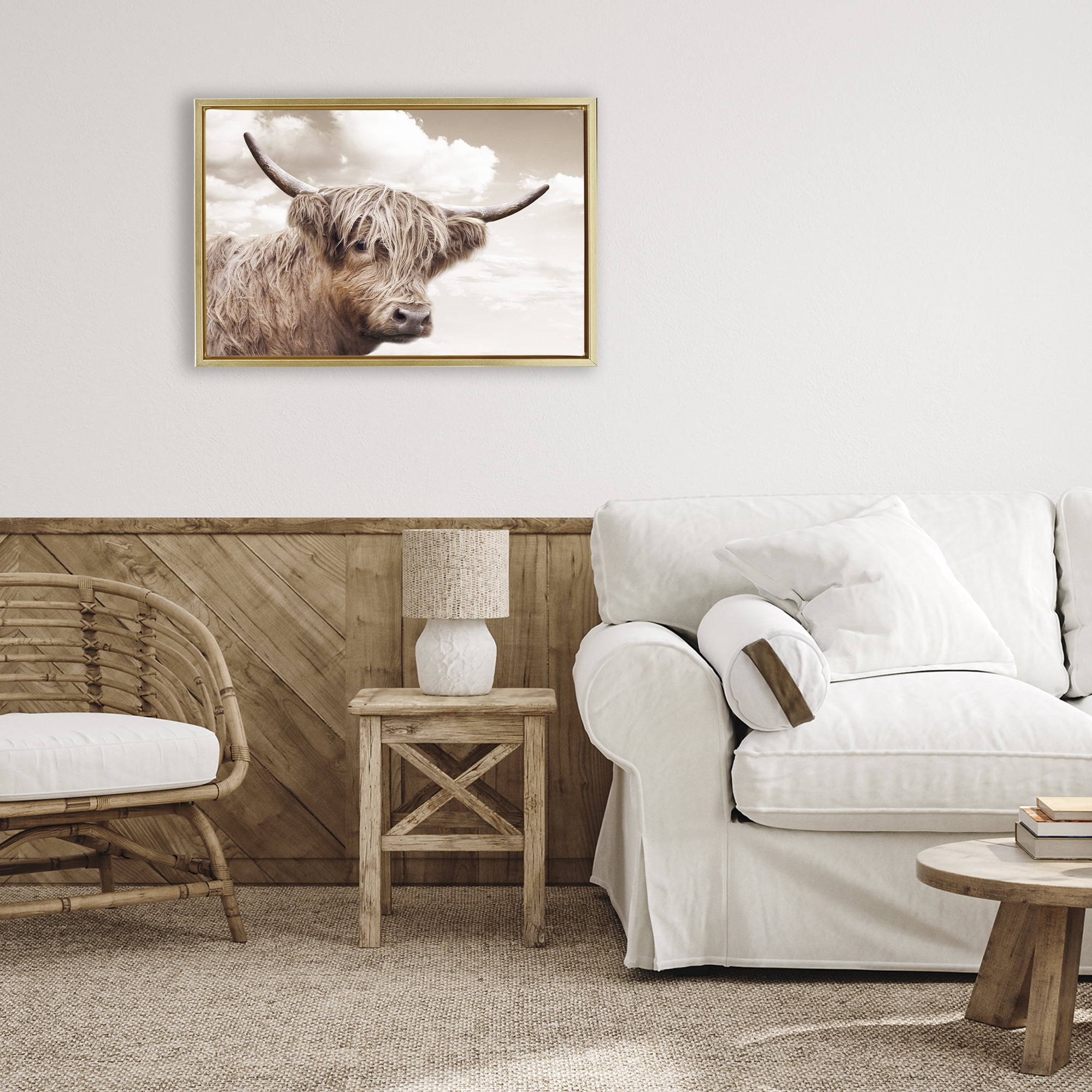 Stupell Industries Shaggy Highland Cow & Clouds Gold Framed Floater Canvas Wall Art, design by CAD Designs