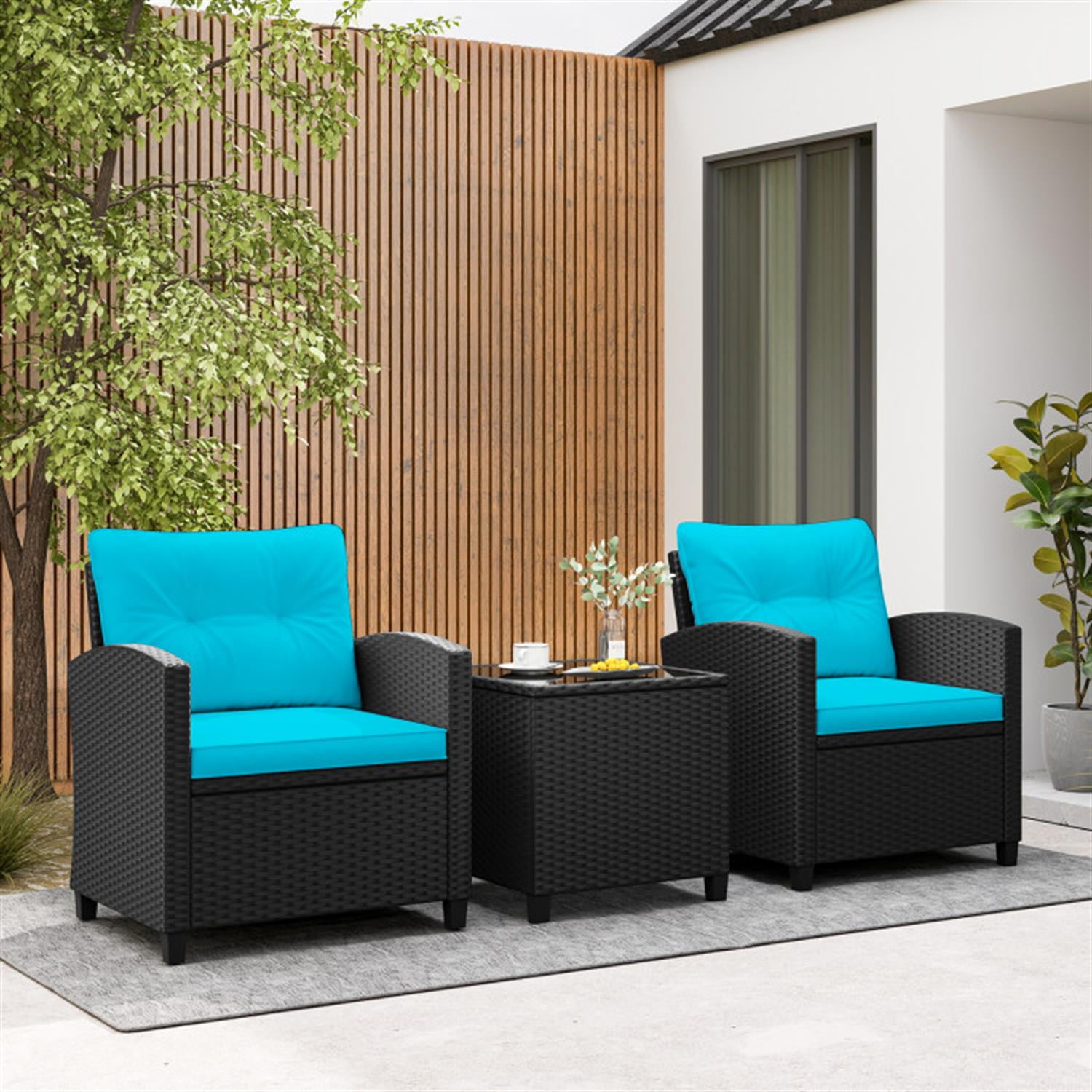 Demi Bonn 3 Pieces Rattan Patio Furniture Set with Washable Cushion, Conversation Armchairs for Garden Poolside Balcony, Turquoise