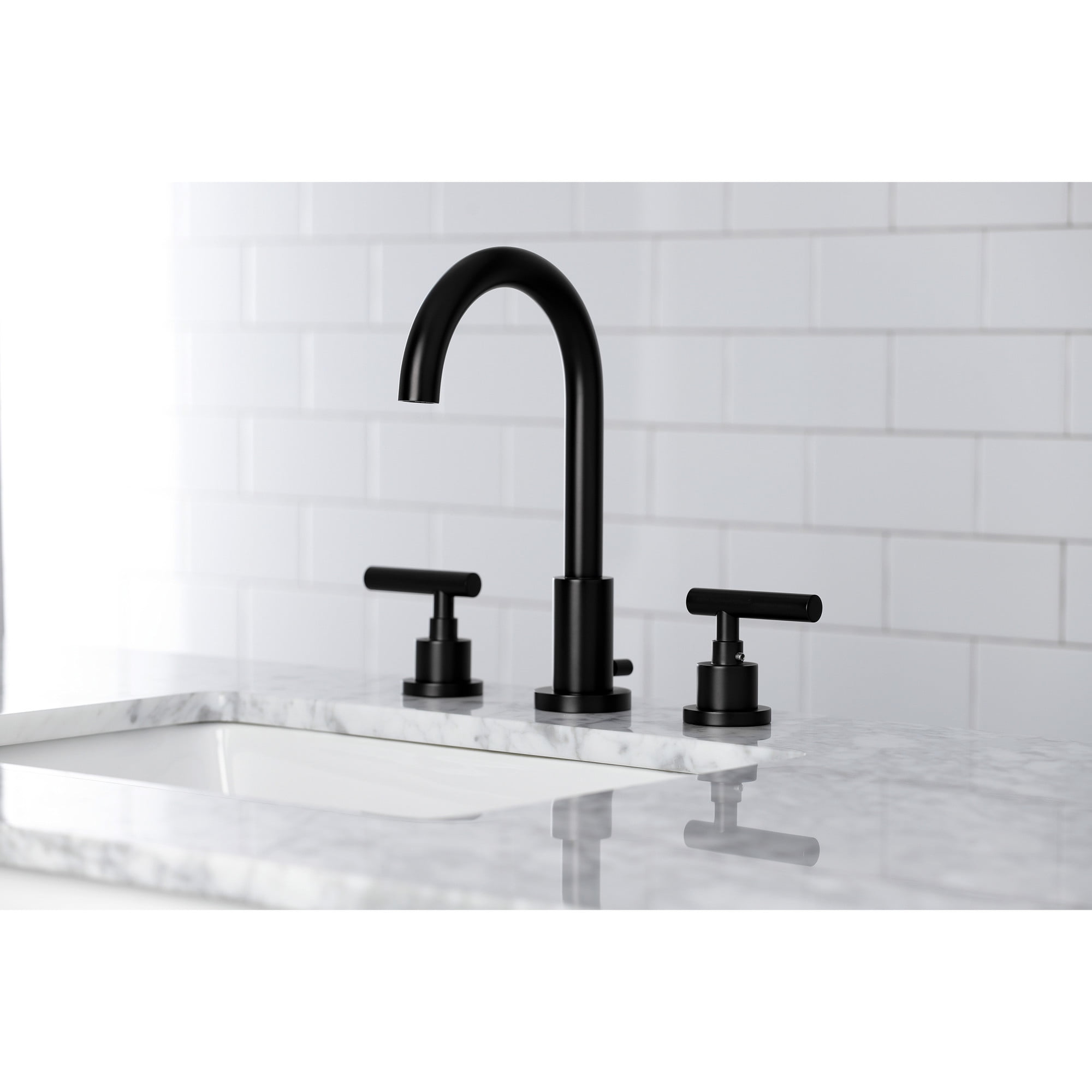 Kingston Brass FSC8920CML Manhattan Two-Handle 3-Hole Deck Mount Widespread Bathroom Faucet with Brass Pop-Up in Matte Black