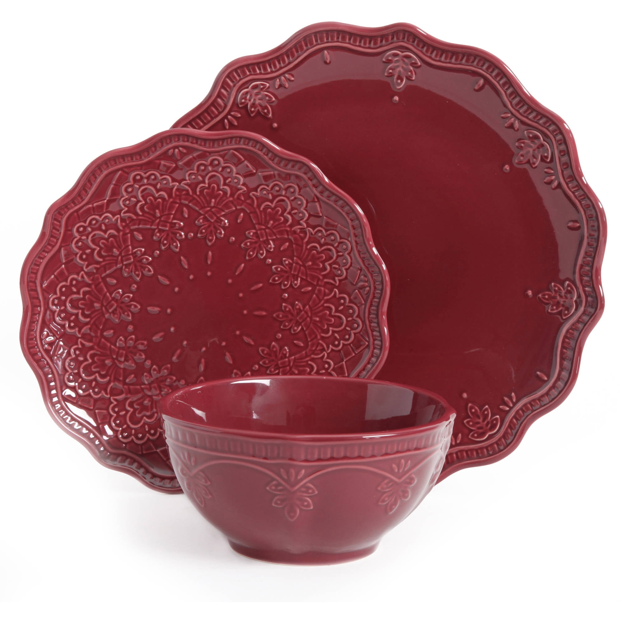 linen Microwave and Dishwasher Safe The Pioneer Woman Cowgirl Lace Red 12-Piece Dinnerware Set 