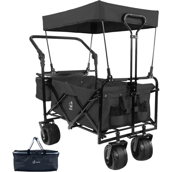 Collapsible Wagon Wagon Cart with Removable Canopy, Heavy Duty Foldable Beach Wagon with  All Terrain Wheels and Brake, Adjustable Push Pull Handle, 220LBS Cooler Bag Utility Carts for Outdoor, Black