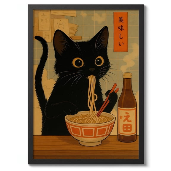 Affixzi Noodle Cat Thief Print, Japanese Poster, Wall Art Decor, Cat and Ramen Illustration, Cute Food Gift, Unframed Paper Poster 8x12in