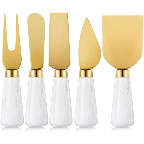 5 Pieces Gold Cheese Knives Set Stainless Steel Cheese Knives Collection Cheese Cutter with Marble Handle Cheese Slicer Butter Spreader for Kitchen Christmas, Thanksgiving, Wedding