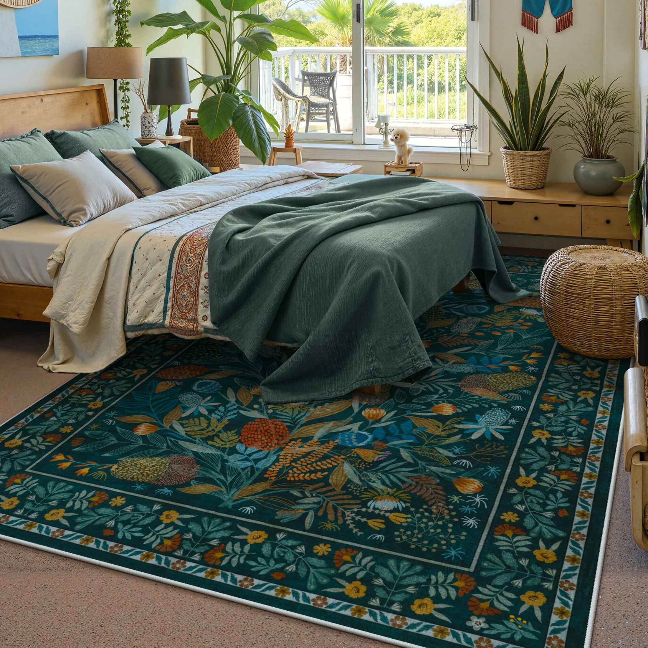 Moynesa Teal Large Area Rugs 8'x10', Botanical Floral Washable Rug for Living Room, Soft Rugs for Bedroom Non-Slip Ultra-Thin Modern Rug Dining Room Accent Carpet for Dorm Apartment