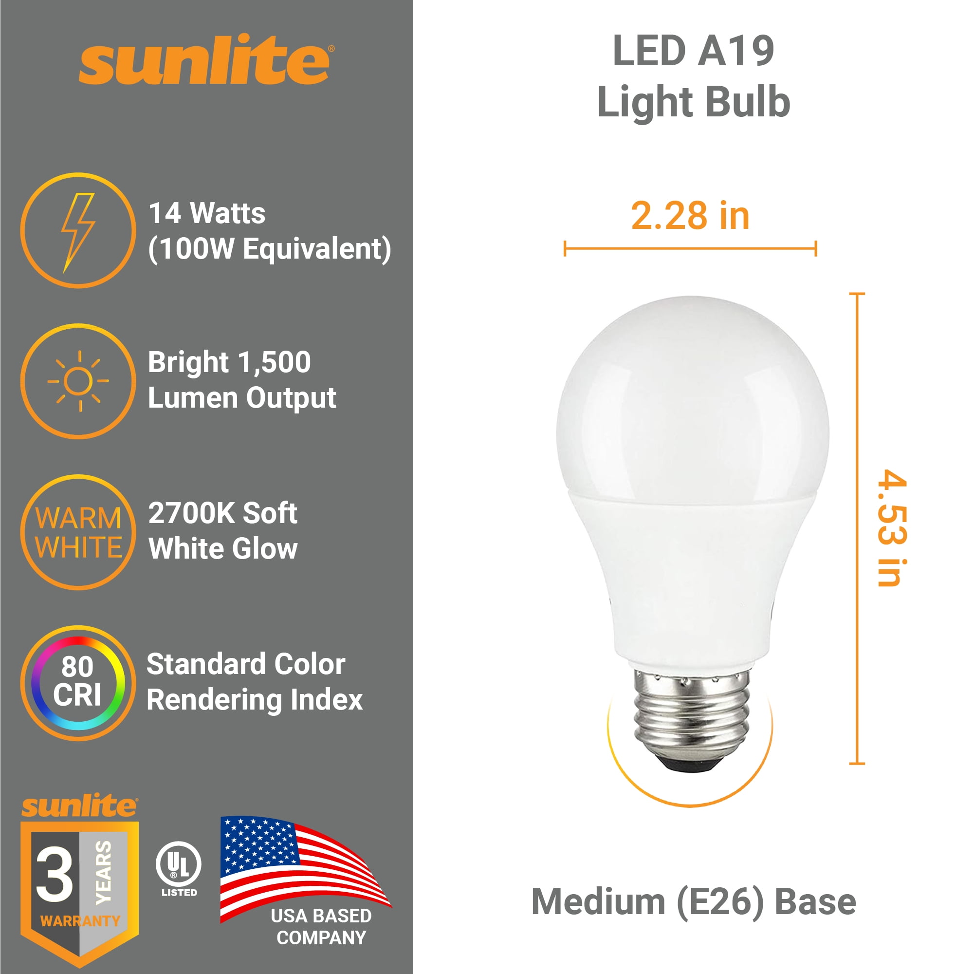 Sunlite 41912 LED A19 Light Bulbs, 14 Watts (100W Equivalent), 1500 Lumens, Medium Base (E26), Non-Dimmable, UL Listed, 2700K - Soft White, 6 Pack