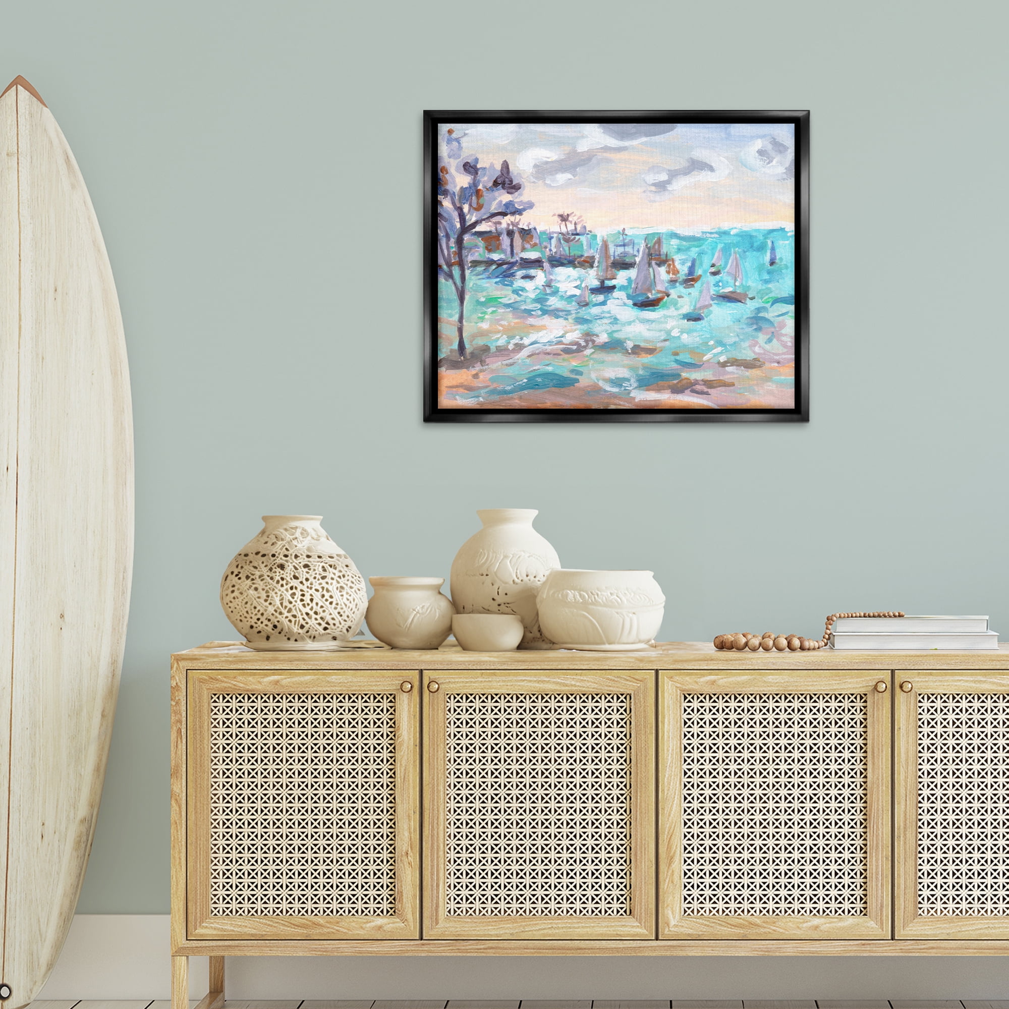 Stupell Industries Sailboat Fleet by Shore Nautical & Beach Painting Black Floater Framed Canvas Art Print Wall Art, 31 x 25
