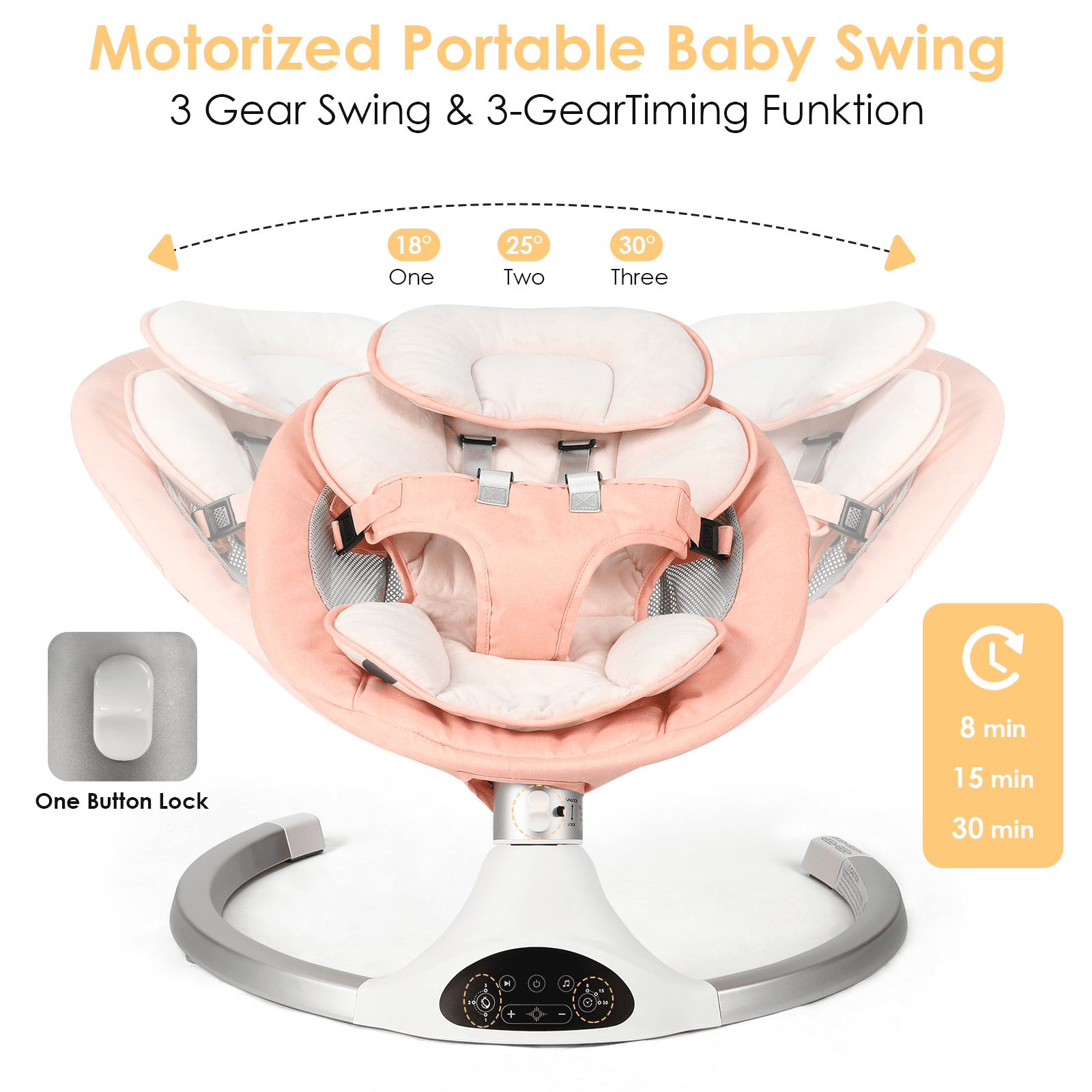 Baby Swing for Infants - Electric Indoor Baby Rocker with 3 Speeds and 10 Lullabies, Portable, Touch Screen and Remote Control,  Pink