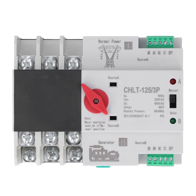 Uadme Interruptor de Transferencia automática de Doble Potencia 3P Interruptor selector eléctrico ignífugo ininterrumpido CA a CA 230V, conmutación instantánea(100A)