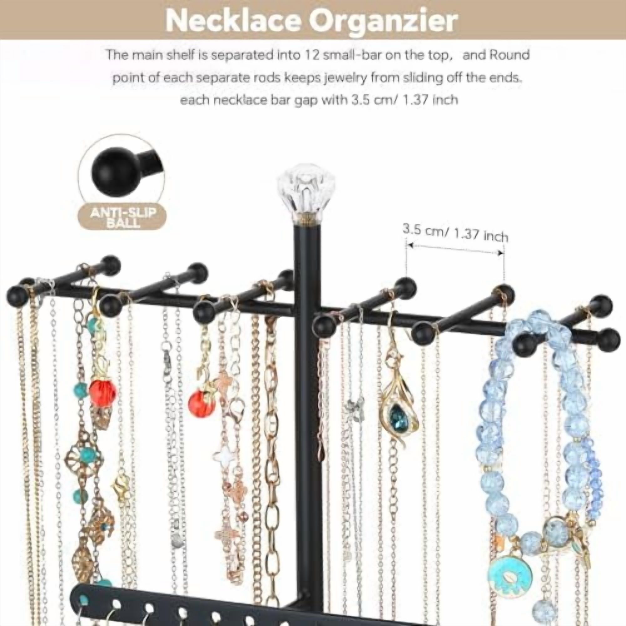 Jewelry Organizer Stand, 3-Tier Necklace Holder Jewelry Tree with Wooden Storage Drawer Box for Necklace Bracelet Earring Ring,Black