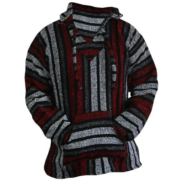 Mexican Baja Hoodie Hippie Surf Poncho Sweater Sweatshirt Pullover Jerga (Large, Red/Gray)