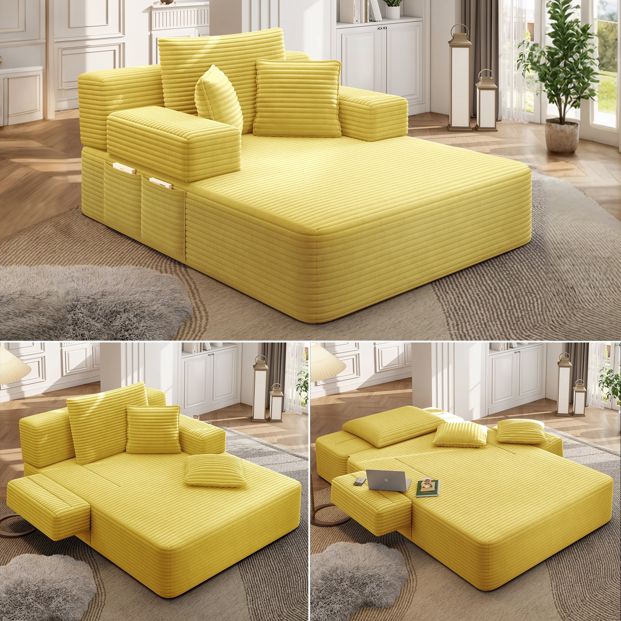 Anpport 60.2" Plush Corduroy Chaise Lounge, Frameless Convertible Sleeper Sofa Bed with Storage Pockets, 3 Soft Pillows, No Assembly, Yellow