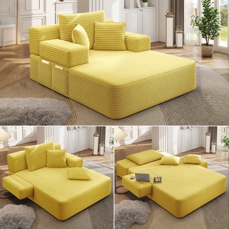 FFZ Corduroy Chaise Lounge with Swivel Table, Yellow