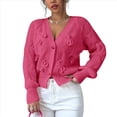 thumbnail image 2 of Cárdigan de Crochet para Mujer, Cuello en V, Larga, Botones Decorados, Suéter de Punto, Tops Rosa Roja L, 2 of 9