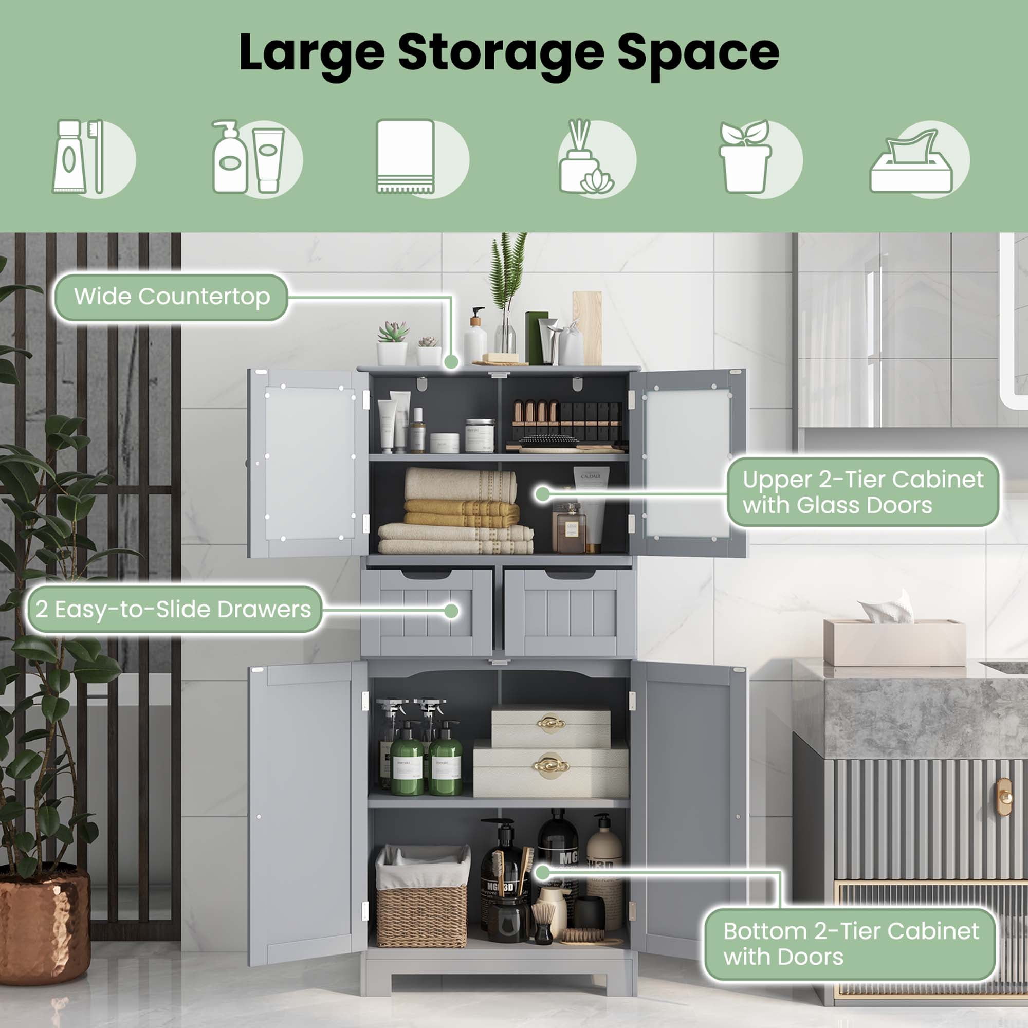 Costway Bathroom Floor Storage Cabinet Kitchen Cupboard with 2 Drawers & Glass Doors Gray