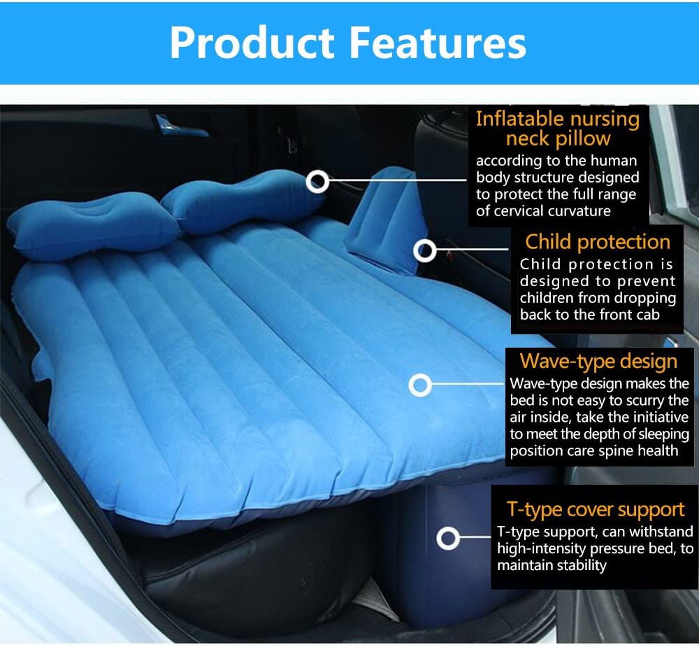 55" x 35" x 18" Inflatable Extended Air Mattress for Car with Motor Pump Included, Two Pillows, Sky Blue by NEX - image 3 of 7