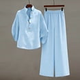 thumbnail image 3 of pstuiky Two Piece Sets for Women Summer Solid Color Cotton Linen Sets Batwing Sleeve V Neck Button Shirts and Wide Leg Pants Set Matching Lounge Set Casual Outfit Light Blue,L, 3 of 9