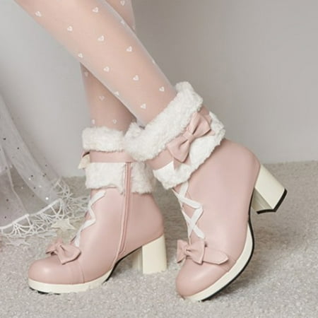 

Ankle Boots Womens Shoes Fashion Solid Color Short Boots Round Toe Middle Heel Heel Zipper Bow Boots