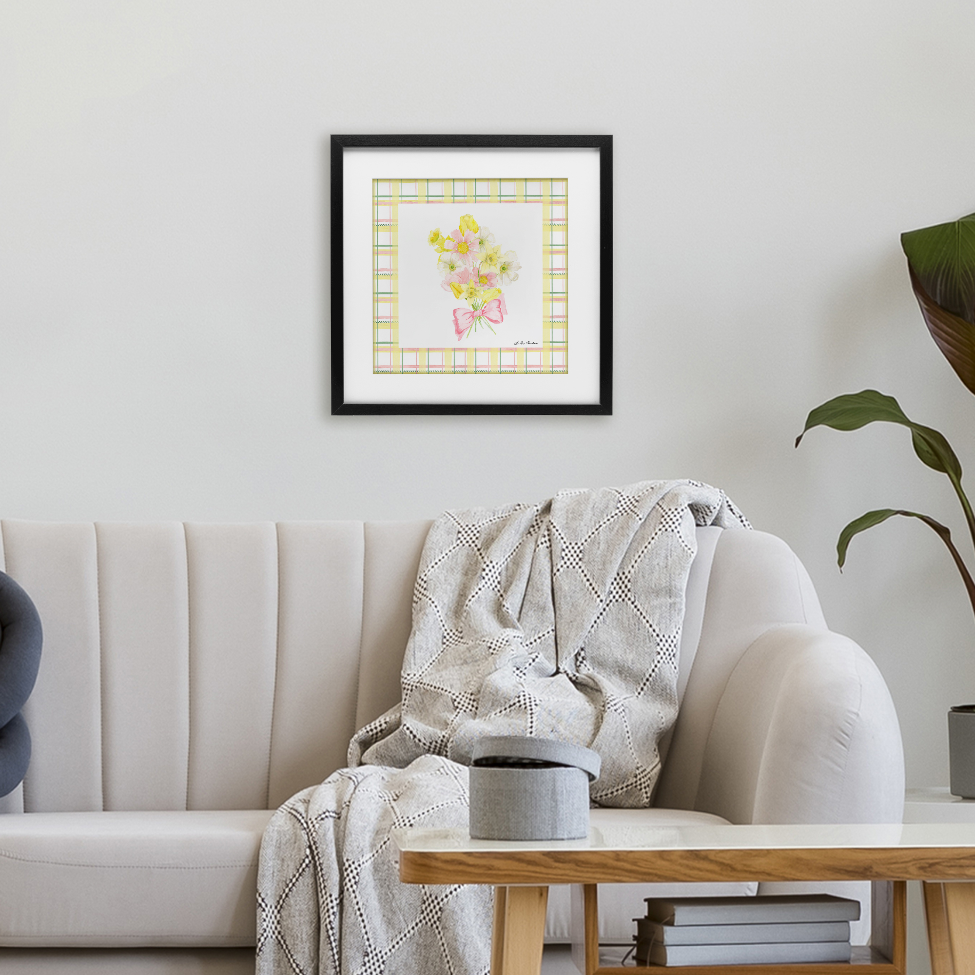 Spring Daffodils on Plaid Black Framed Print Under Glass, design by Lee Ann Sanders