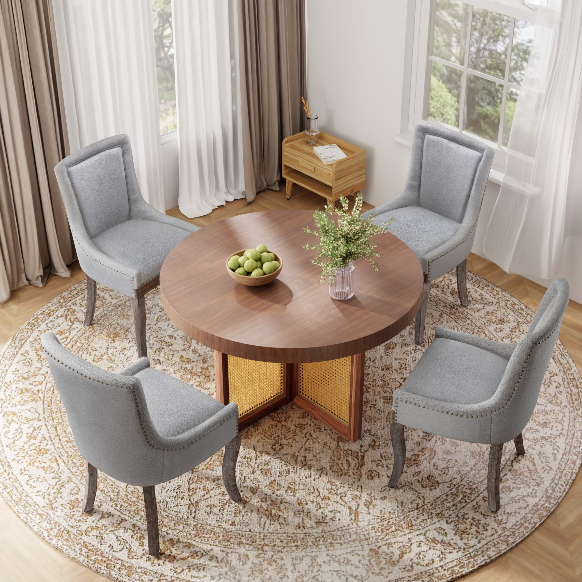 DONICK Vintage Fabric Upholstered Dining Chairs,Solid Wood Kitchen Dining Room Chairs with Nailheads Solid Wood Legs (Gray,Set of 6)