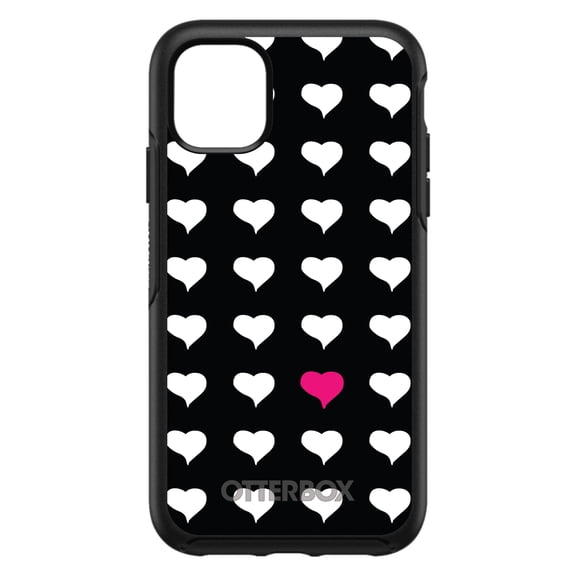 DistinctInk OtterBox Symmetry Custom Case for Apple iPhone 15 (6.1" Screen) - Pink White Black Repeating Hearts - Raised Bezel Screen Guard