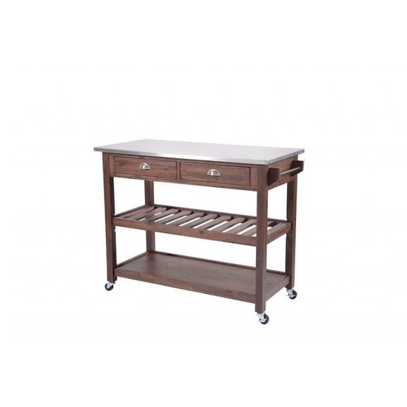 Offex Kitchen Cart with Stainless Steel Countertop and 2 Storage Drawers - Chestnut Wire Brush