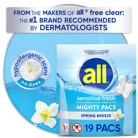 All Sensitive Fresh Mighty Pacs Laundry Detergent Pacs, Hypoallergenic Spring Breeze Scent, Gentle For Sensitive Skin, 19 Count, He Compatible