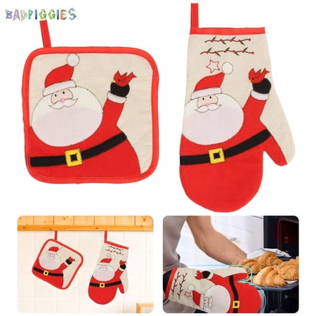 BadPiggies Christmas Oven Mitt and Pot Holder Mat Set Durable Heat Resistant Glove for BBQ Cooking Housewarming Kitchen Decoration