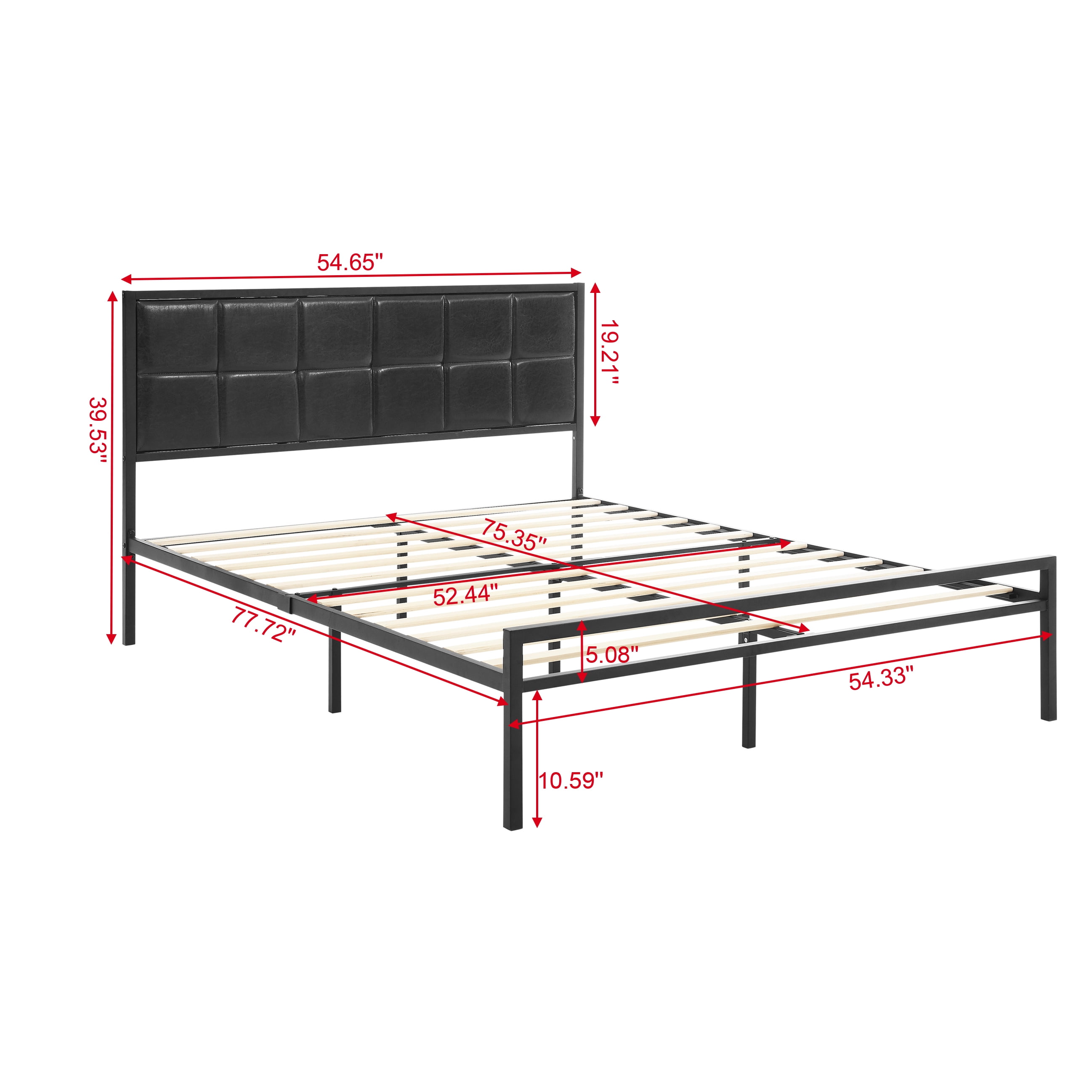 Gewnee Full Size Faux Leather Platform Bed Frame with Metal Frame & Wood Slat Support, No Box Spring Needed, Black