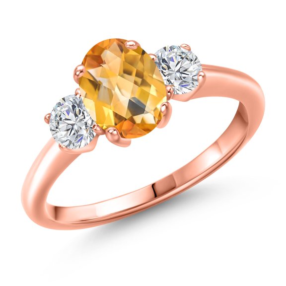 Gem Stone King 1.79 Ct Oval Checkerboard Yellow Citrine G/H Lab Grown Diamond 18K Rose Gold Plated Silver Ring