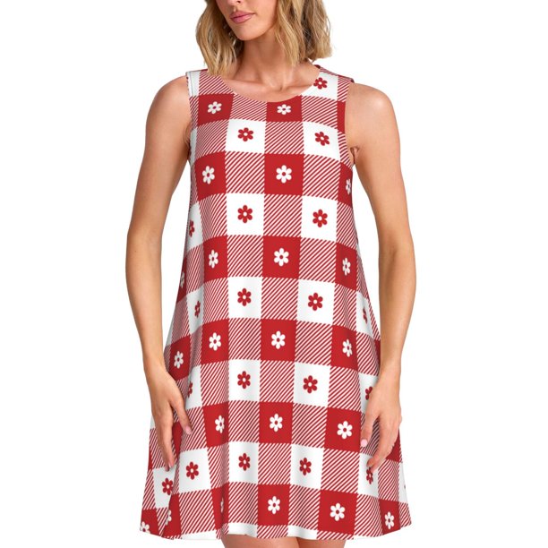 Disketp Red Plaid Daisy para Vestido sin Mangas para Mujeres, Vestidos de Verano para Mujeres, Casual y Holgado para la Playa