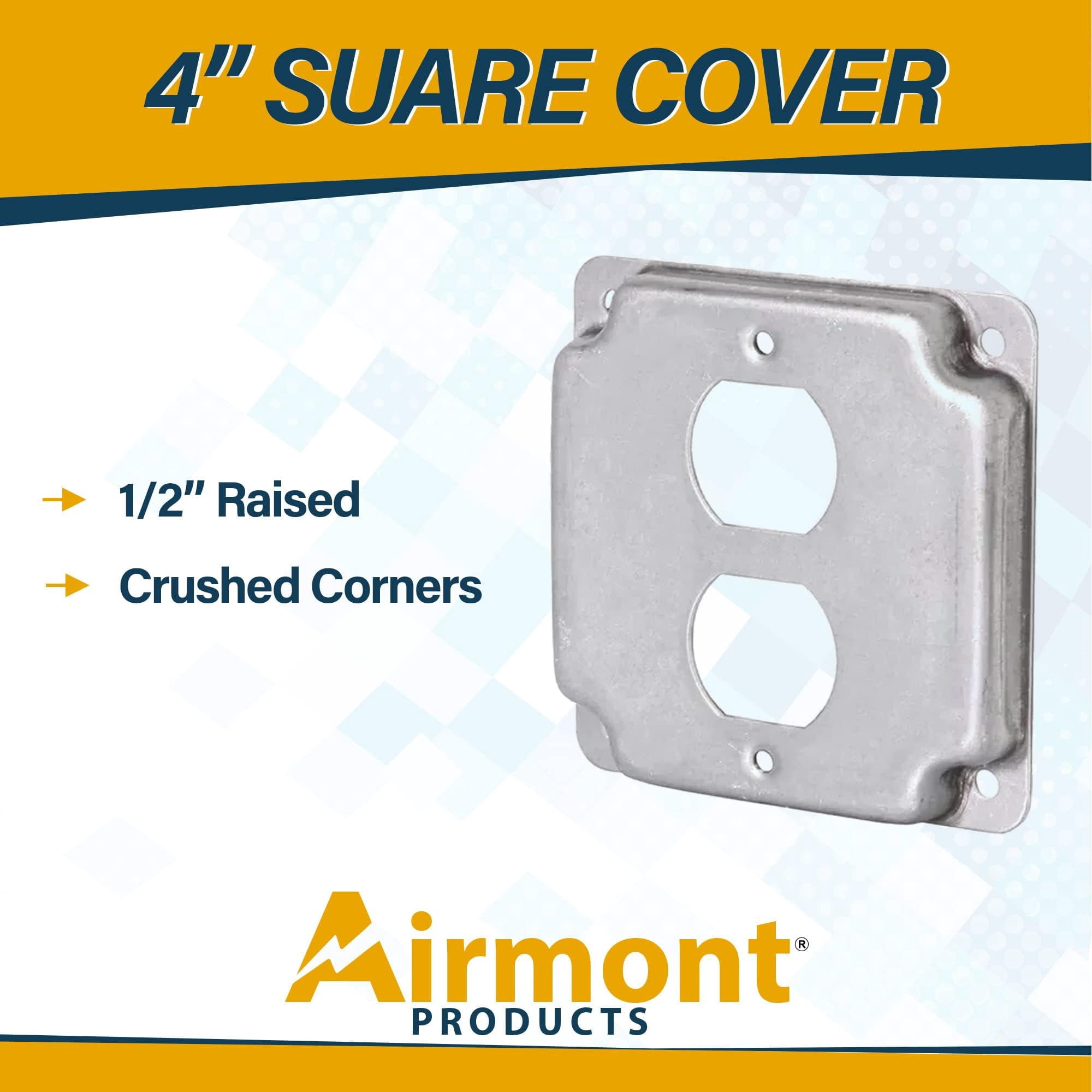 5 Pack Airmont Products 1-Gang Duplex Receptacle Electrical Box Cover - 4 Inch Square 1/2 Inch Raised Galvanized Steel Cover for Exposed Work - Surface Mount Junction Box Cover for Duplex Outlets